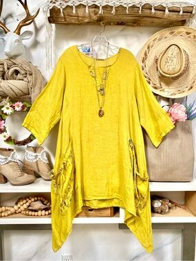 Beyond Capri Made In Italy Citrus 100% Linen Dress/Tunic/Cover-up EUC One Size
